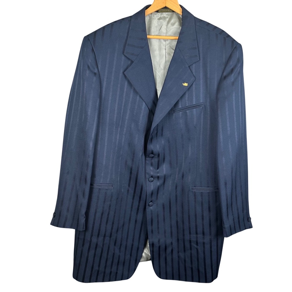 Falcone Curtis Mens 50 Long Navy Blue Pinstripe 3-Button Longline Blazer Jacket